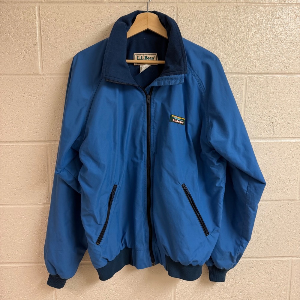 LL Bean Mens Warm-Up Jacket Large Tall Blue Nylon Fleece Lined Vintage USA Made